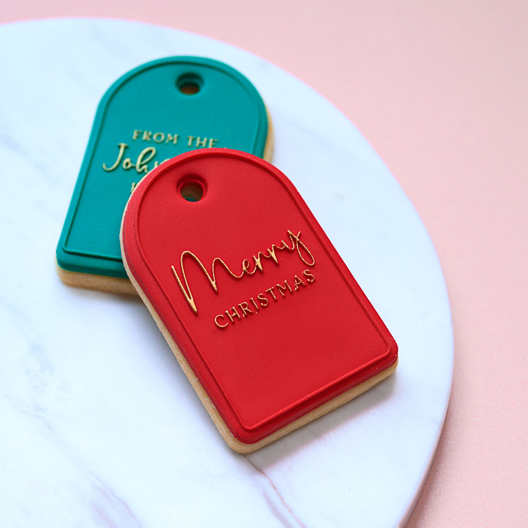 Vertical Merry Christmas Gift Tag Cookie Stamp with Cutter & Hole Punch